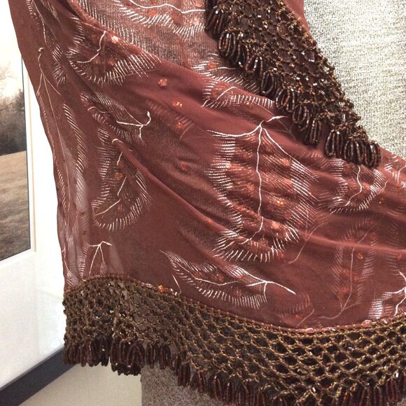 Heavy Beaded Shawl, Leaf Design, Brown Rust Color Rhinestones, Ladies Wrap Scarf - Picture 6 of 10